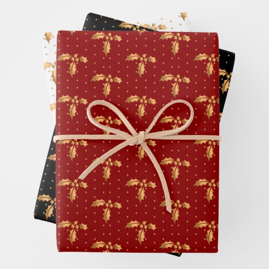 Weihnachten Holly auf Rot, Schwarz und Weiß Geschenkpapier Set (Beispiel)
