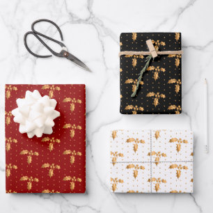 Weihnachten Holly auf Rot, Schwarz und Weiß Geschenkpapier Set