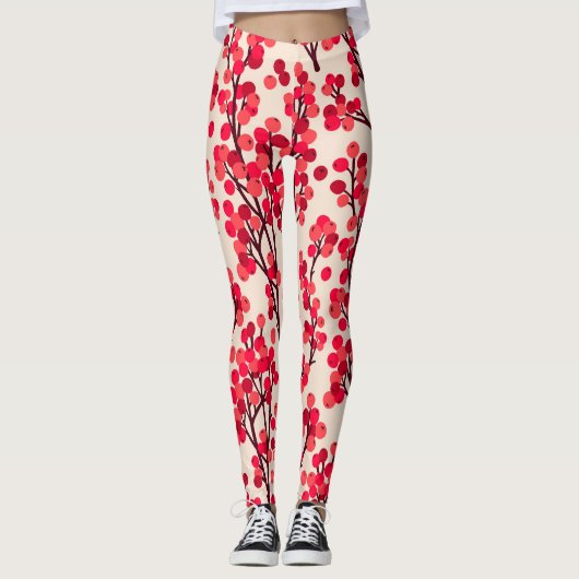 Weihnachten Holly Berries Nahtloses Muster Leggings (Vorderseite)
