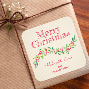 Weihnachten Holly Berry hausgemachte Feiertage Bac Quadratischer Aufkleber