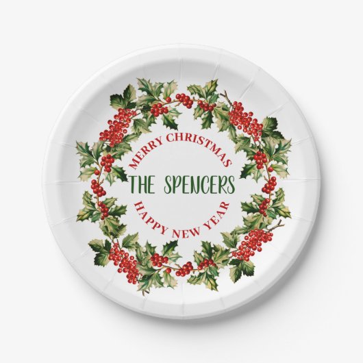 Weihnachten Holly Blätter & Berries Frohe Weihnach Pappteller (Vorderseite)