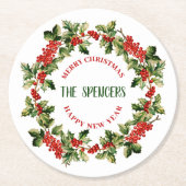 Weihnachten Holly Blätter & Berries Frohe Weihnach Runder Pappuntersetzer (Vorderseite)
