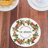 Weihnachten Holly Blätter & Berries Frohe Weihnach Runder Pappuntersetzer