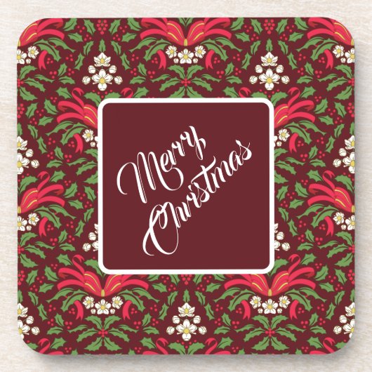 Weihnachten Holly Blätter & Berries mit Red Box Getränkeuntersetzer (Vorderseite)