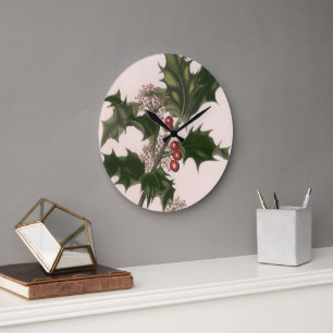 Weihnachten, Holly-Pflanze mit Roten Berries Große Wanduhr
