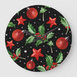Weihnachten Holly Snow Stars Nahtlos Große Wanduhr