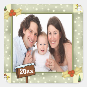 Weihnachten Holly & Snowmen Fotovorlage Quadratischer Aufkleber