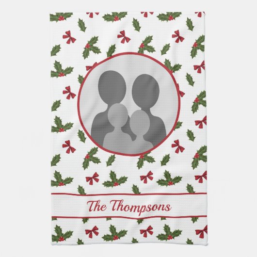 Weihnachten Holly und Bows Custom Foto Template Geschirrtuch (Vertikal)