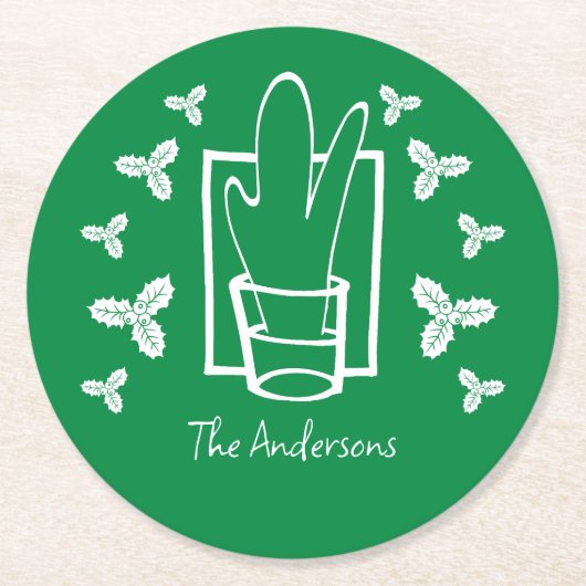 Weihnachten Holly und ein glänzendes Glas Runder Pappuntersetzer (Vorderseite)