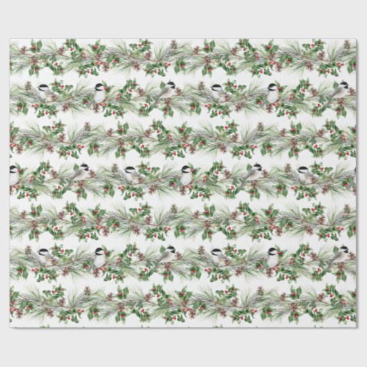 Weihnachten Holly und Pine Chickadees Geschenkpapier (Flach)