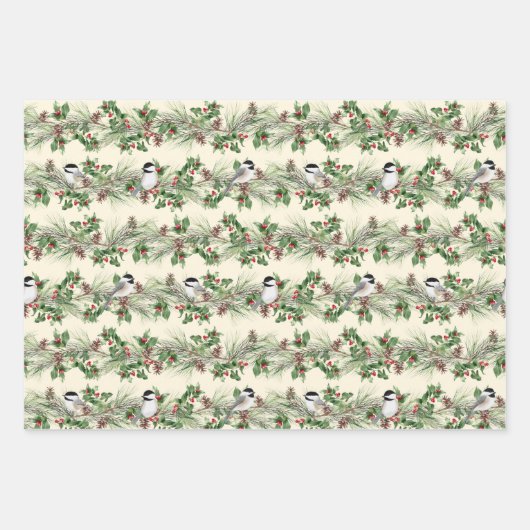 Weihnachten Holly und Pine Chickadees Geschenkpapier Set (Vorderseite 2)