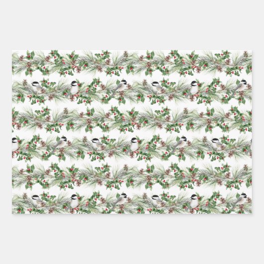 Weihnachten Holly und Pine Chickadees Geschenkpapier Set (Vorderseite)