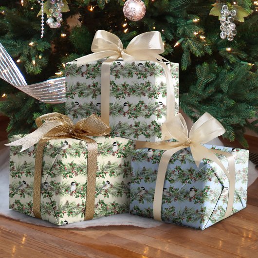 Weihnachten Holly und Pine Chickadees Geschenkpapier Set
