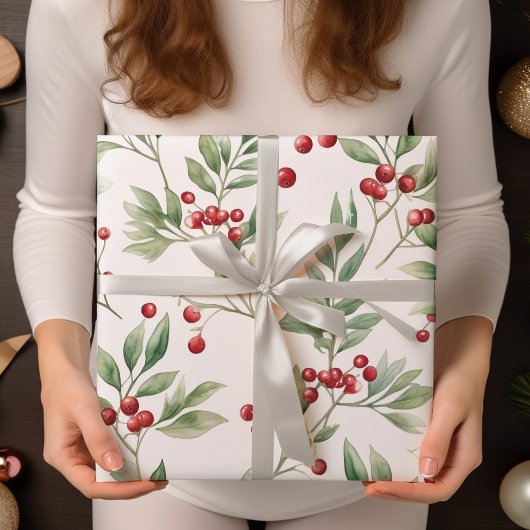 Weihnachten Holly Watercolor Rot und Grün Geschenkpapier
