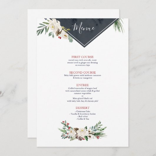 Weihnachten Holly & White Roses Bouquet Rahmen Menükarte (Vorne/Hinten)