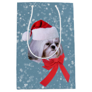 Weihnachten, Hund Shih Tzu, Weihnachtsmannmütze Mittlere Geschenktüte