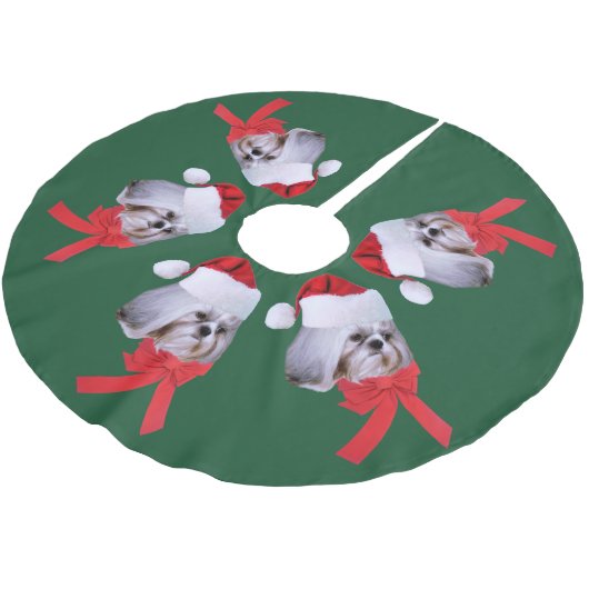 Weihnachten, Hund Shih Tzu, Weihnachtsmannmütze Polyester Weihnachtsbaumdecke (Schrägansicht)
