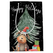 Weihnachten Hund und Kiefer in Schneeflocken Mittlere Geschenktüte (Vorderseite)
