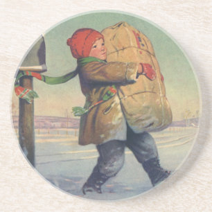 Weihnachten im alten Stil, Kind mit großem Paket Sandstein Untersetzer