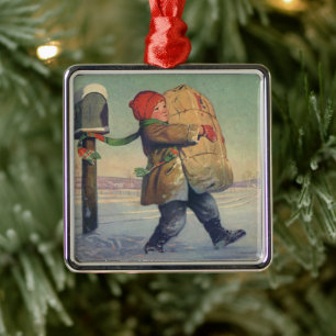 Weihnachten im alten Stil, Kind mit großem Paket Silbernes Ornament