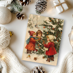 Weihnachten im alten Stil Kinder um den Baum herum Postkarte