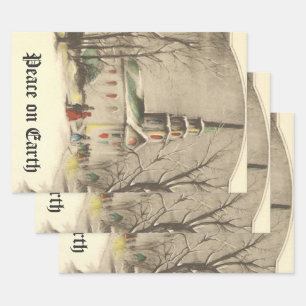 Weihnachten im alten Stil, Kirche in der Winterlan Geschenkpapier Set