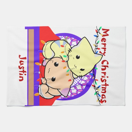 Weihnachten im Bett, personalisierter Name Geschirrtuch (Horizontal)