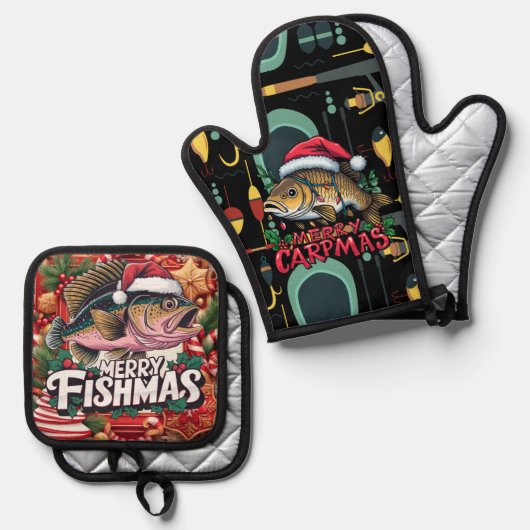 Weihnachten im Fischfang Ofenhandschuh & Topflappen-Set (Vorderseite/Rückseite)
