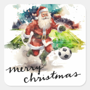Weihnachten im Fußball mit dem Weihnachtsmann Quadratischer Aufkleber