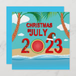 Weihnachten im Juli 2023 Watermelon Beach Einladung<br><div class="desc">Weihnachten im Juli 2023 Illustration mit rotem fett Jahr Nummer 2023 dekoriert mit farbenfroher Lichtkette,  geschnitten Wassermelone und einem roten Weihnachtshut. Am Strand mit Palmen und Meerwasser.</div>