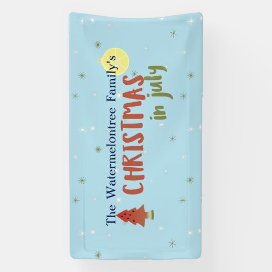 Weihnachten im Juli Familienname Summer Party Blue Banner (Vertikal)