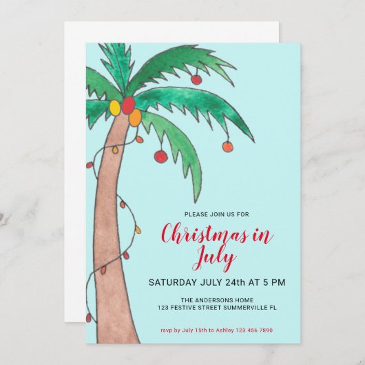 Weihnachten im Juli Feier Palm Tree Party Inv Einladung (Vorne/Hinten)
