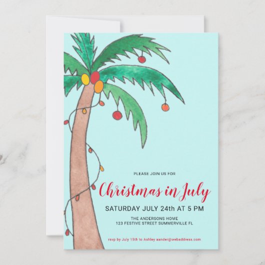 Weihnachten im Juli Feierlichkeiten Palm Tree Part Einladung (Vorderseite)