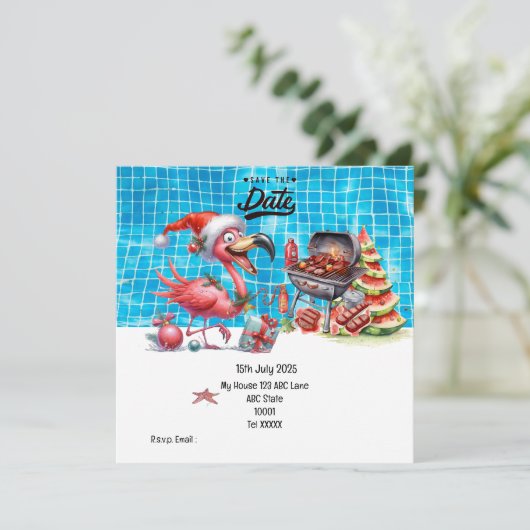 Weihnachten im Juli Flamingo Save the Date Party Einladung (Stehend Vorderseite)