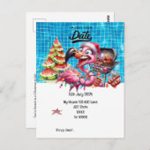 Weihnachten im Juli Flamingo Save the Date Party Postkarte (Vorne/Hinten)