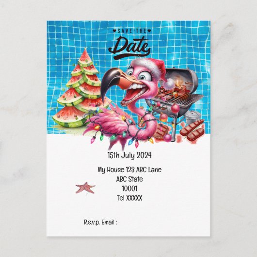Weihnachten im Juli Flamingo Save the Date Party Postkarte (Vorderseite)