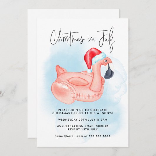 Weihnachten im Juli Flamingo Summer Pool Party Inv Einladung (Vorne/Hinten)