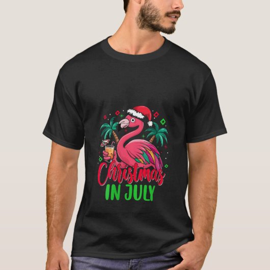 Weihnachten im Juli Flamingo Weihnachtsmannmütze T T-Shirt (Vorderseite)