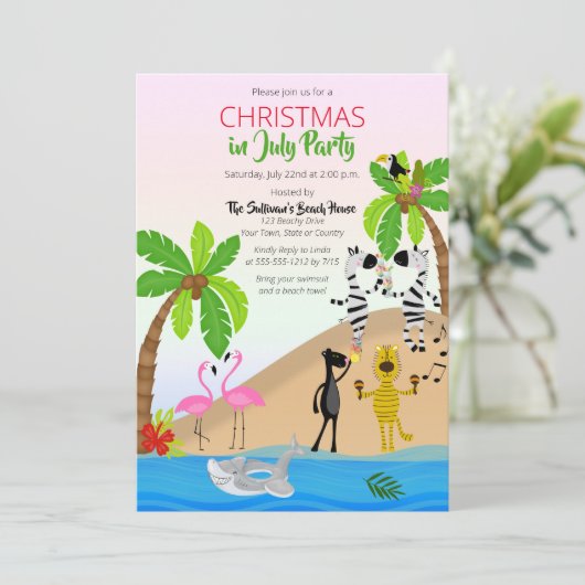 Weihnachten im Juli im Tropical Beach Party Einladung (Stehend Vorderseite)
