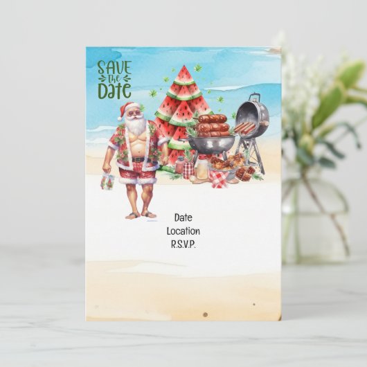 Weihnachten im Juli mit SANTA CLAUS Beachy Einladung (Stehend Vorderseite)
