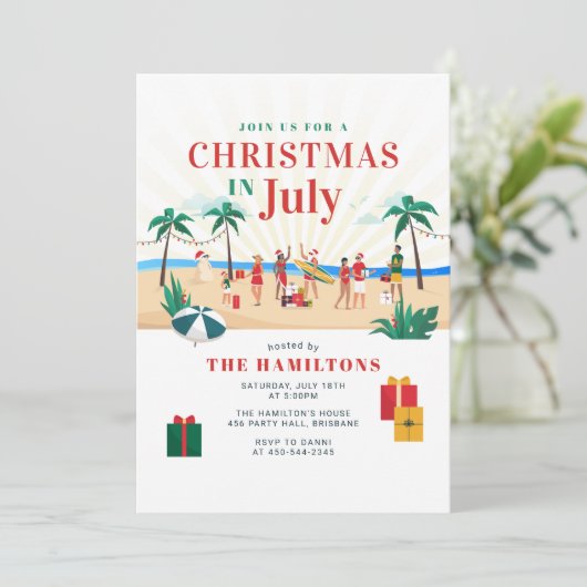 Weihnachten im Juli Modernes Familiensommer Party Einladung (Stehend Vorderseite)