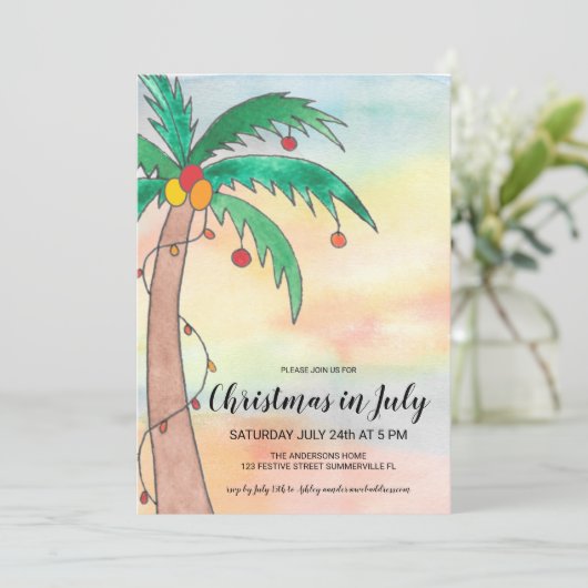 Weihnachten im Juli Palm Tree Party Einladung (Stehend Vorderseite)