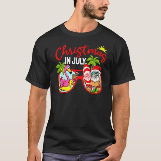 Weihnachten im Juli Santa Glasses Flamingo Surfing T-Shirt (Vorderseite)
