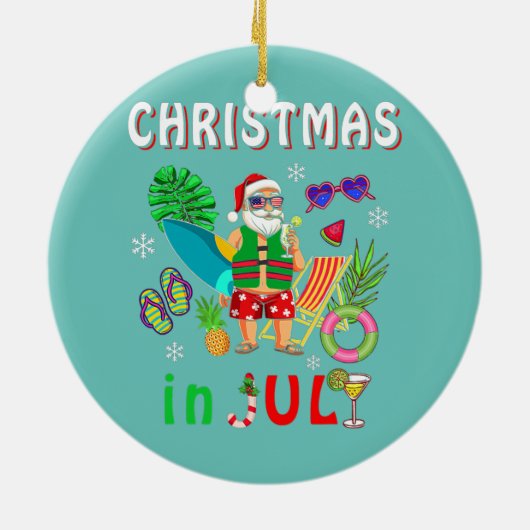 Weihnachten im Juli Santa Sommerküste Hawaii Keramik Ornament (Hinten)
