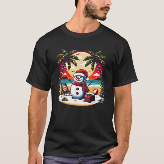 Weihnachten im Juli Snowman auf Palm Tree Tropical T-Shirt (Vorderseite)