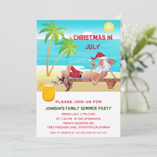 Weihnachten im Juli Sommer oder Beach Party Einladung (Stehend Vorderseite)