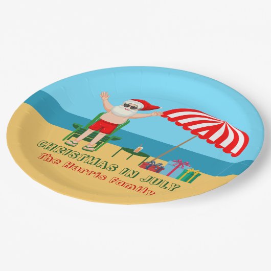 Weihnachten im Juli Sommer Santa Claus Beach Party Pappteller (Schrägansicht)