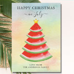 Weihnachten im Juli Watermelon<br><div class="desc">Hast du vor,  dieses Jahr Weihnachten im Juli zu feiern? Diese lustigen Weihnachten im Juli Karten sind mit einem roten Aquarellbaum Weihnachtsbaum auf einem farbenfrohen Hintergrund dekoriert. Weil wir unsere Kunstwerke erstellen,  werden Sie dieses exakte Bild von anderen Designern nicht finden. Original Wasserfarbe © Michele Davies.</div>