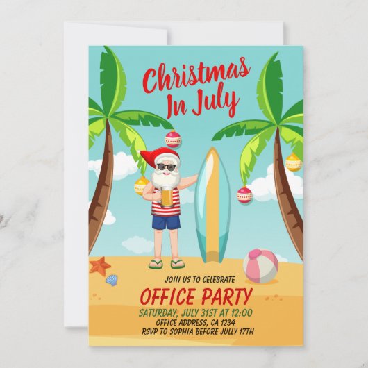 Weihnachten im Juli Weihnachtsmann am Strand Einladung (Vorderseite)
