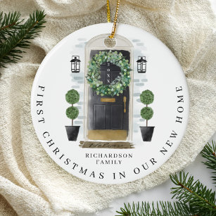 Weihnachten im neuen Zuhause Watercolor Black Door Keramik Ornament
